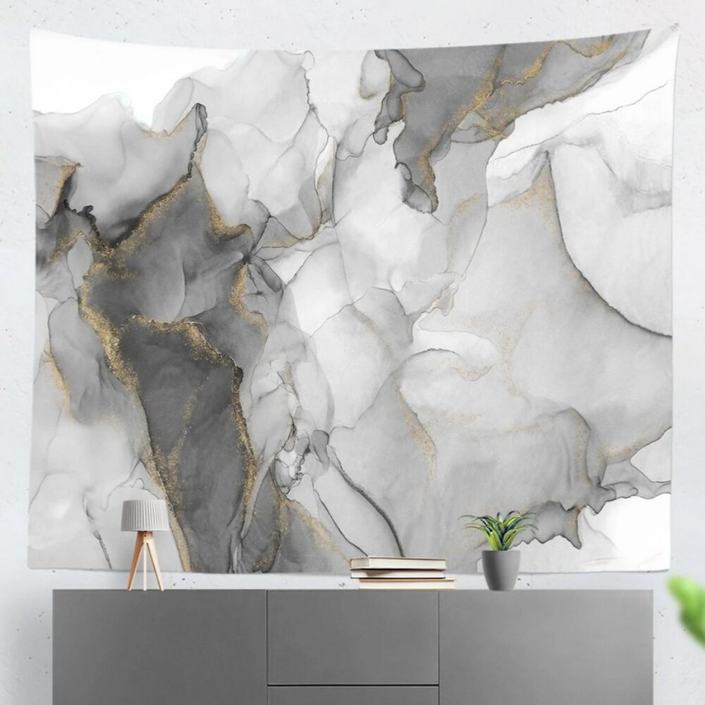 LARGE Marble Pattern Fabric Wall Hanging Tapestry Gray & Gold 70.8 X 90.5 inches